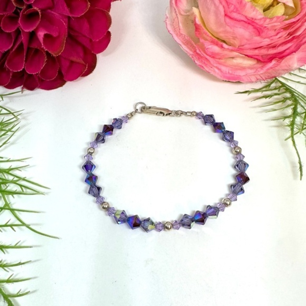 VINTAGE⚜️STERLING SILVER Lavender Crystal Beaded Bracelet